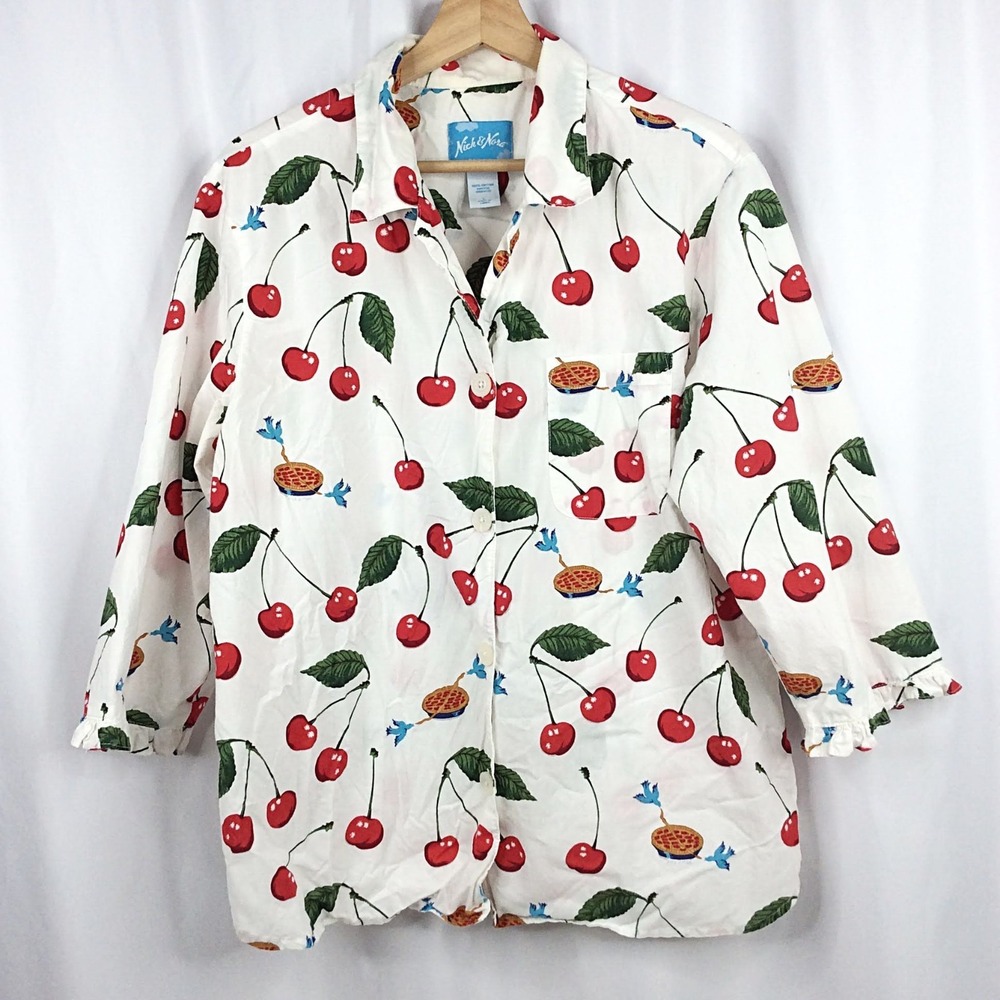 Nick and Nora Cherry Pie Pajamas Ruffled Top Size Large Blue Bird RARE